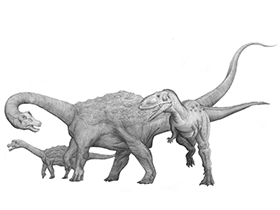 Neuquensaurus und Abelisaurus / © Martin F. Chavez. Verwendet mit freundlicher Genehmigung des Autors.
